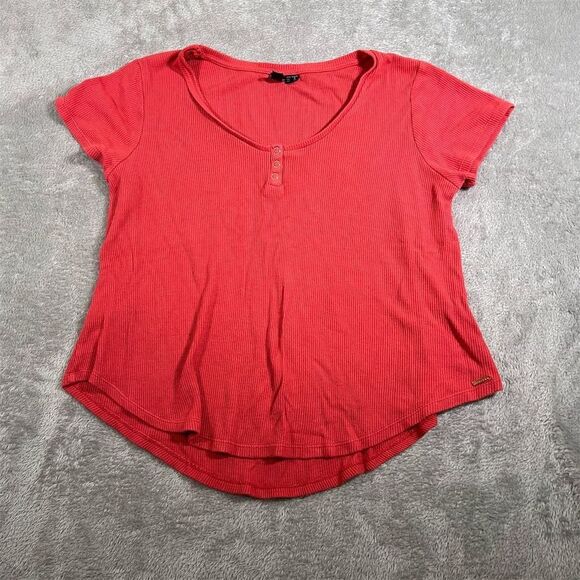 Volcom Women's Red V-Neck Henley T-Shirt Size S Short‎ Sleeve - Picture 1 of 12